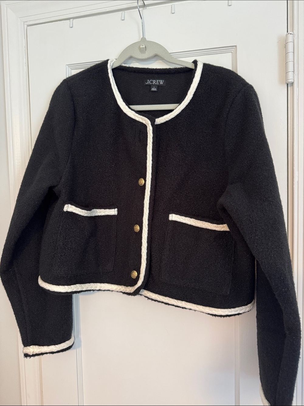J. Crew Black Bouclรฉ Cropped Jacket with White Braid Trim